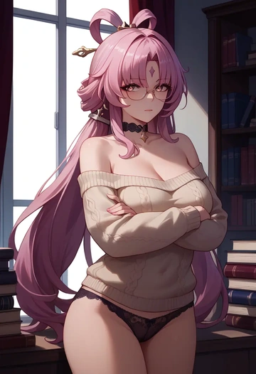 star rail,fu xuan,sweater,panties,off-shoulder,glasses,sexy  - AI generated anime art